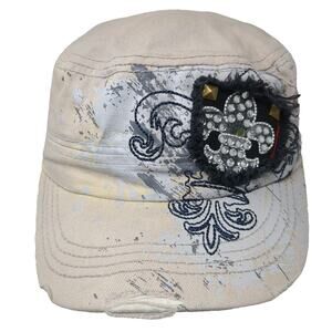 Valentine Army Cap Beige One Size Rhinestone Fleur De Lis Studded Splatter Hat